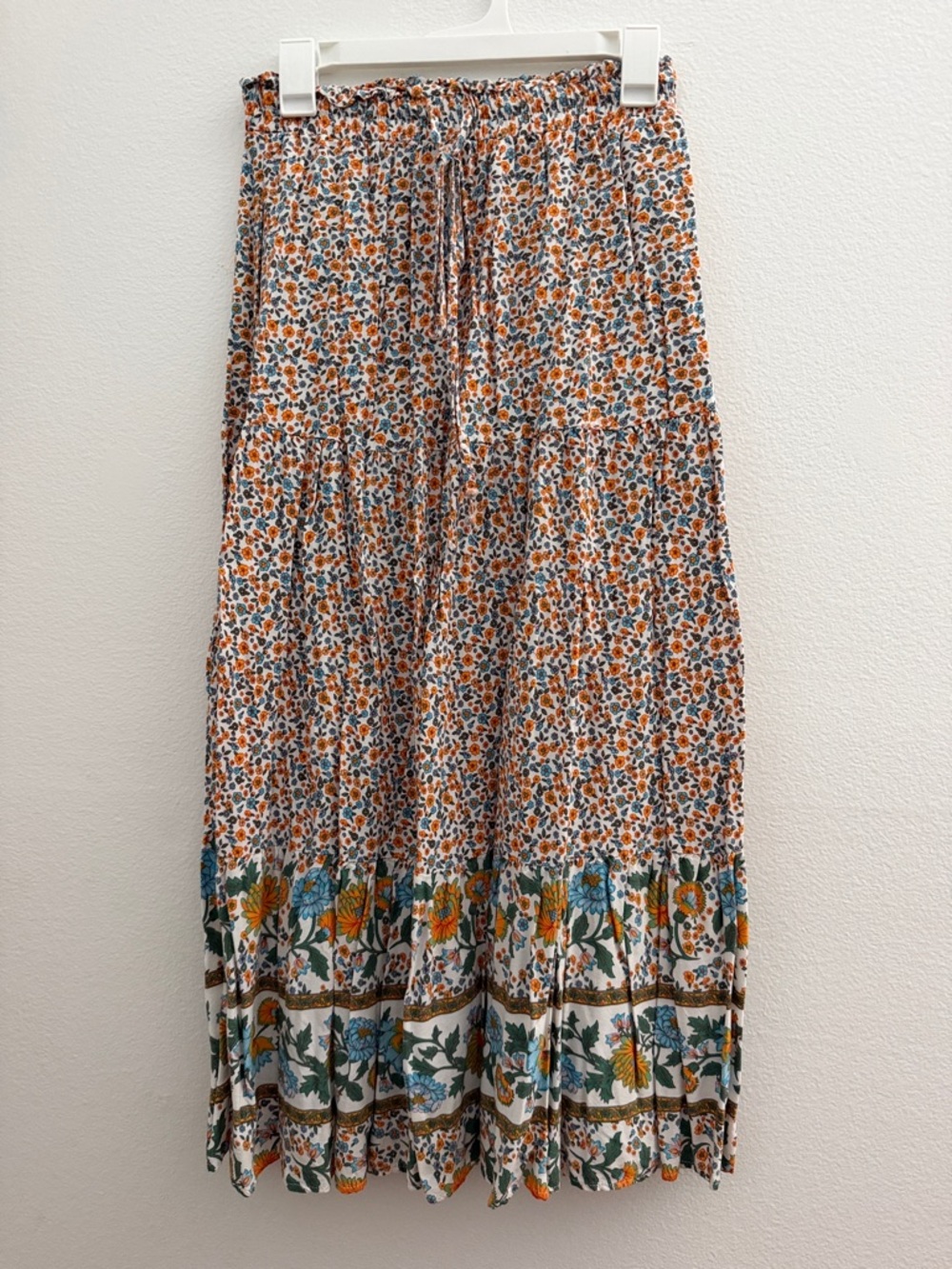 Boho Floral Tiered Maxi Skirt in White, Orange & Blue